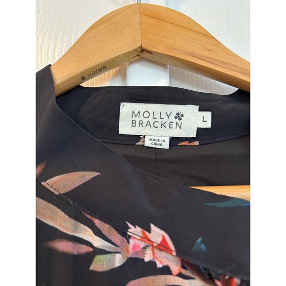 MOLLY BRACKEN Pleated Long Sleeve Black Floral Dress Sz L - Picture 2 of 8